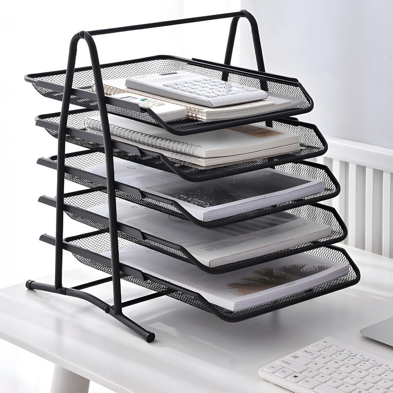 SKY-TOUCH 5 Tier Paper Tray : Desktop Organizer File Storage With Sliding Tray Stackable File Rack Metal Mesh Letter Trays For Office Study Room School Desktop Organization (Black) - Image 3