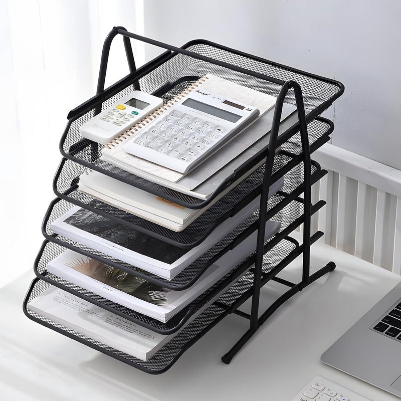 SKY-TOUCH 5 Tier Paper Tray : Desktop Organizer File Storage With Sliding Tray Stackable File Rack Metal Mesh Letter Trays For Office Study Room School Desktop Organization (Black) - Image 2