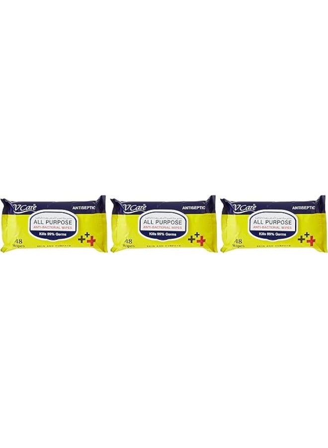 V Care All Purpose Anti-Bacterial Wipes, 48 Count (Pack of 3), Kills 99.9% of Germs