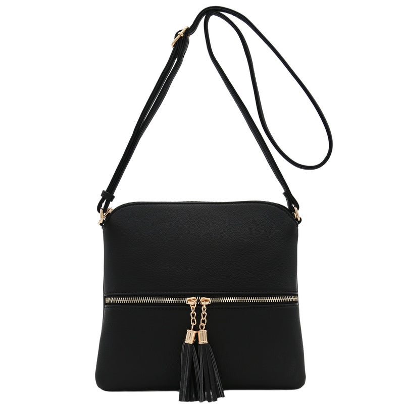 DELUXITY Lightweight Medium Crossbody Bag with Tassel (Black) - Image 3