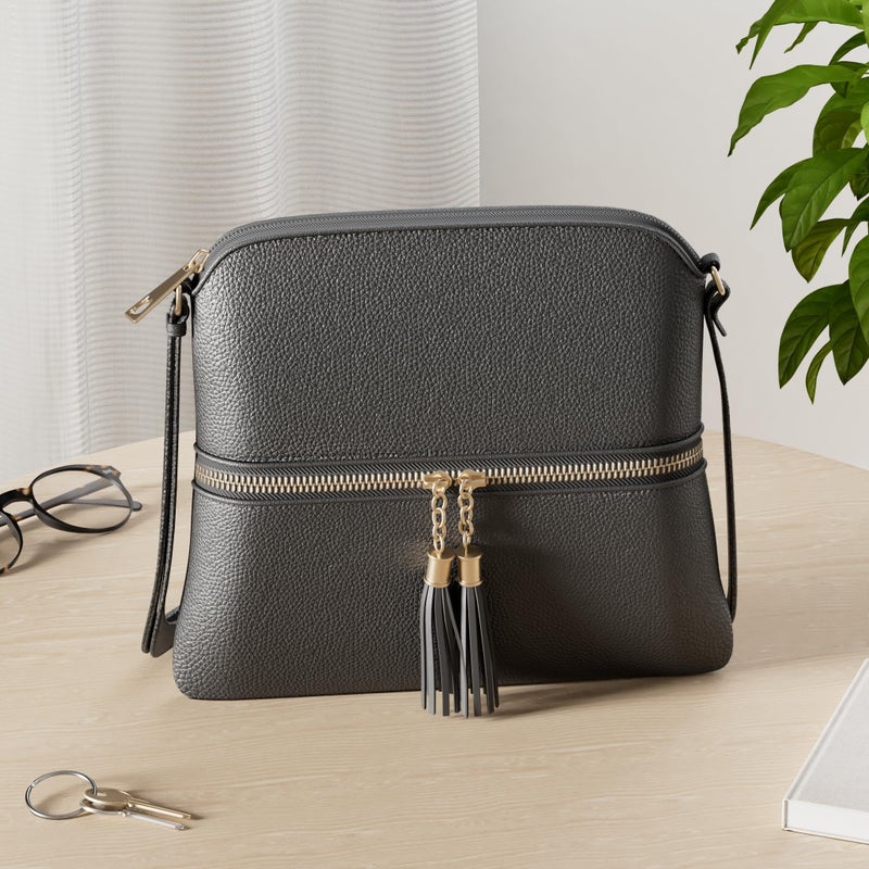 DELUXITY Lightweight Medium Crossbody Bag with Tassel (Black) - Image 2