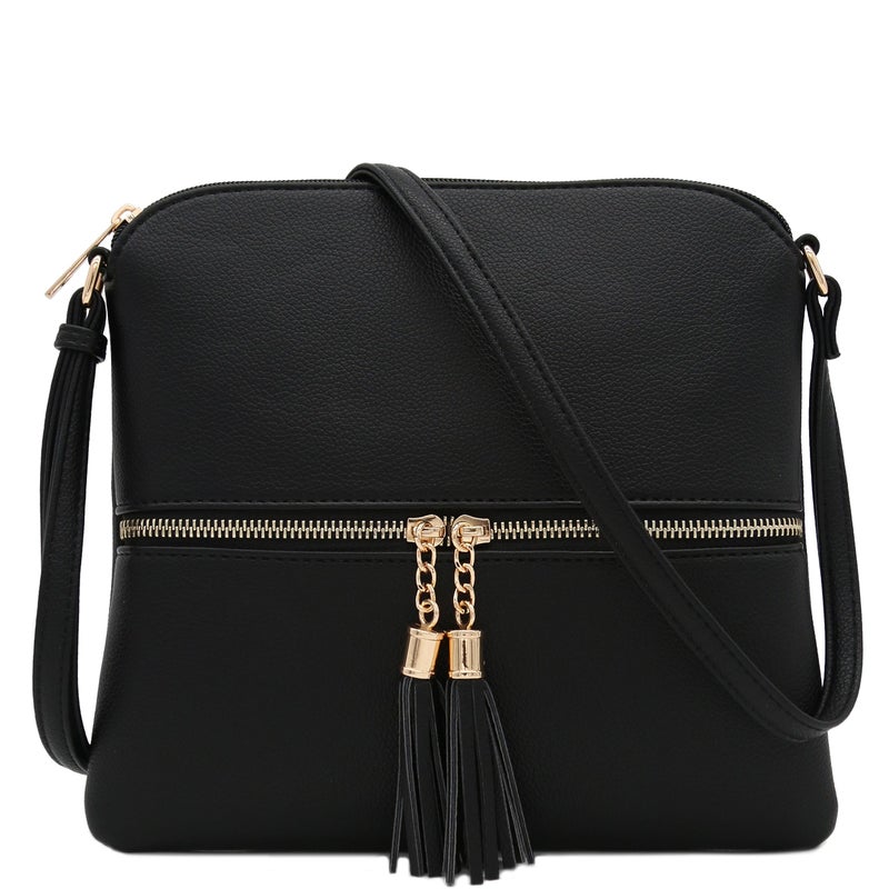 DELUXITY Lightweight Medium Crossbody Bag with Tassel (Black) - Image 1