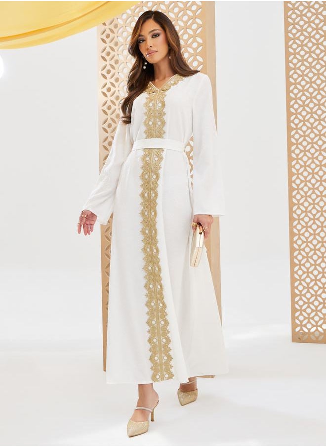 Styli Jacquard V Neck Kaftan with Lace Detail  - Image 2