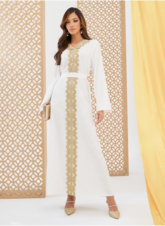 Styli Jacquard V Neck Kaftan with Lace Detail  - Image 1