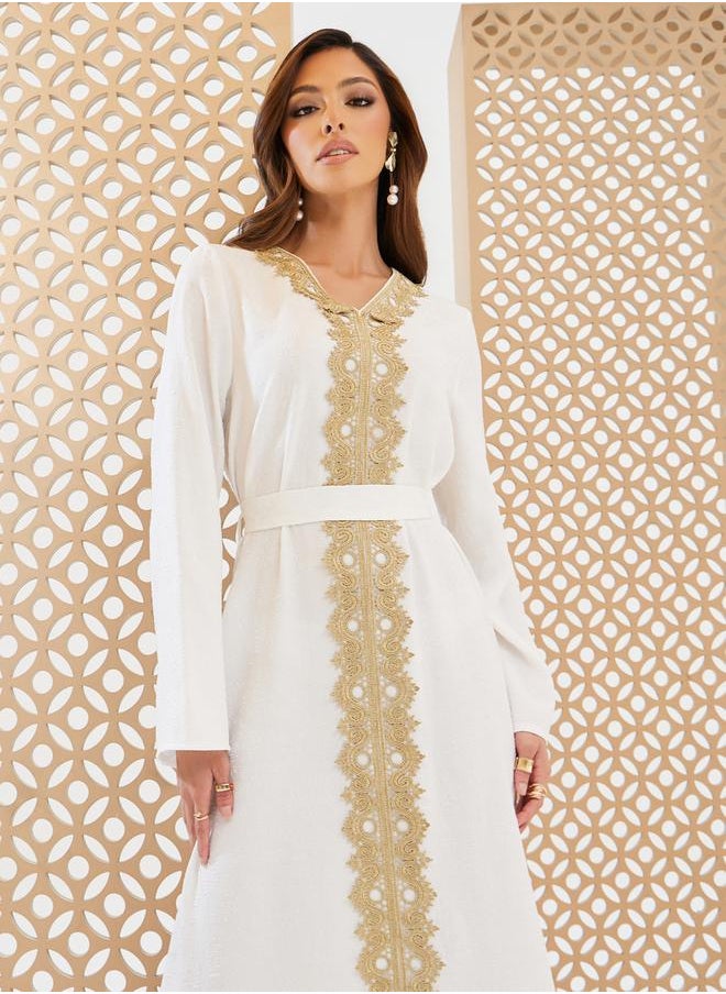 Styli Jacquard V Neck Kaftan with Lace Detail  - Image 3