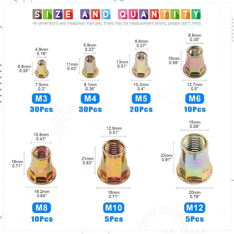 Glarks 110Pcs M3 M4 M5 M6 M8 M10 M12 Half Hex Body Flange Rivet Nuts Assortment Kit, Zinc Plated Carbon Steel Flat Head Threaded Insert Nut Rivnut Set - Image 2