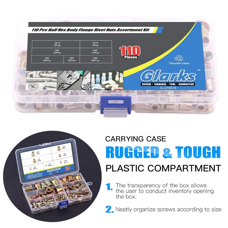 Glarks 110Pcs M3 M4 M5 M6 M8 M10 M12 Half Hex Body Flange Rivet Nuts Assortment Kit, Zinc Plated Carbon Steel Flat Head Threaded Insert Nut Rivnut Set - Image 5