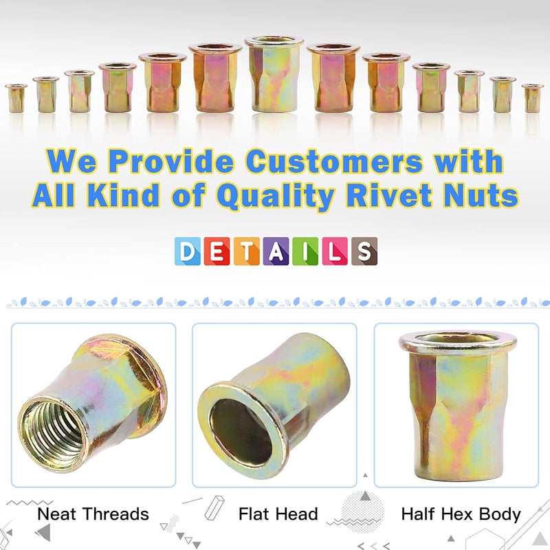 Glarks 110Pcs M3 M4 M5 M6 M8 M10 M12 Half Hex Body Flange Rivet Nuts Assortment Kit, Zinc Plated Carbon Steel Flat Head Threaded Insert Nut Rivnut Set - Image 4
