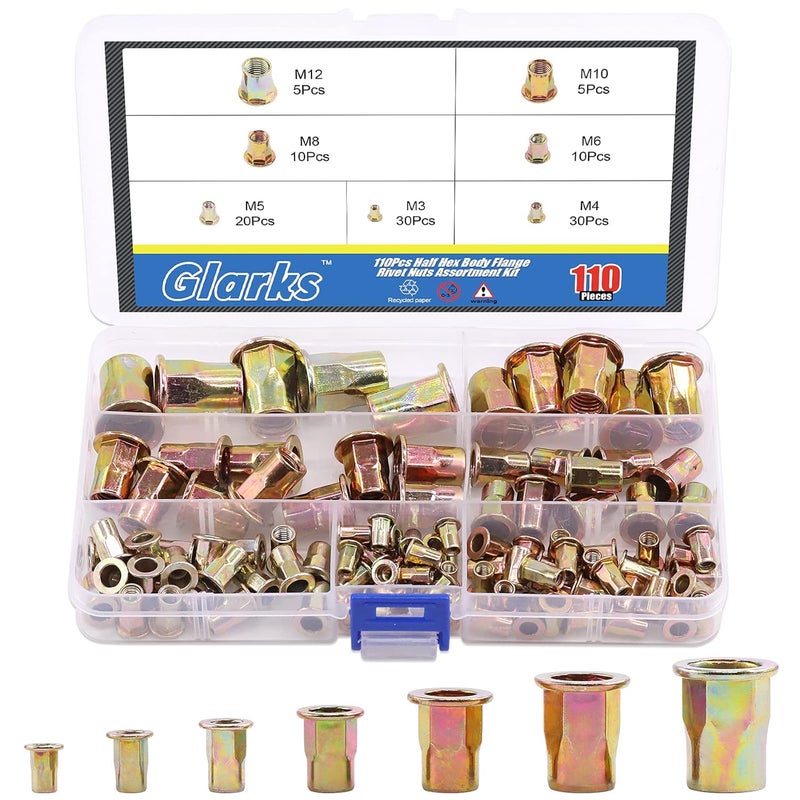 Glarks 110Pcs M3 M4 M5 M6 M8 M10 M12 Half Hex Body Flange Rivet Nuts Assortment Kit, Zinc Plated Carbon Steel Flat Head Threaded Insert Nut Rivnut Set - Image 1