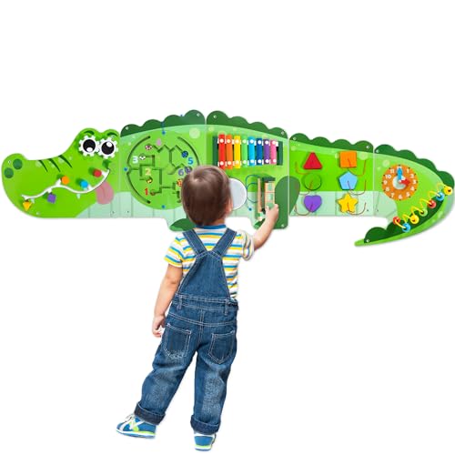 Batlofty Crocodile Activity Wall Busy Board Panels 9in1 Wooden Sensory Wall Panel for Kids Montessori Learning Activity Center Perfect for Toddler Playroom Daycare Nursery Classroom or Drs Office - Image 1