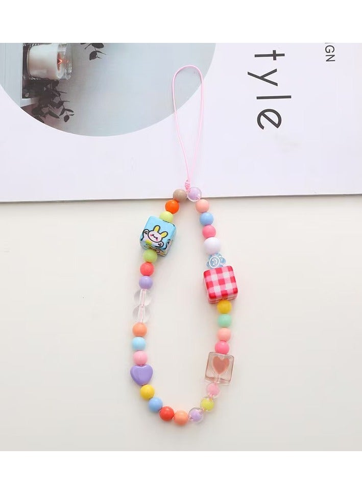 Sparkle Accessories Colorful Beaded Phone Lanyard with Cartoon and Checkered Charms - Multicolor Acrylic Beads Strap for Phones, Cameras, and Water Bottles, Ideal for Daily Use, Travel, and as a Unique Gift 
