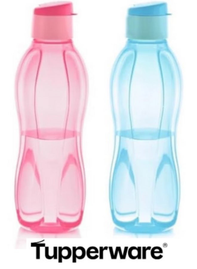 توبروير زجاجة مياه Tupperware الأصلية ذات الغطاء القابل للطي EDD سعة 1 لتر، عبوة من قطعتين - لون أحمر وأزرق - Image 1