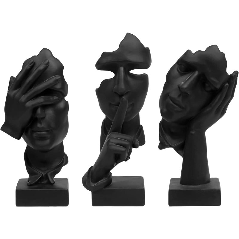 aboxoo 3 Pcs Thinker Statue Silence is Gold Abstract Art Figurine No Hear No See No Speak Modern Resin Sculptures Decor for Living Room Home Office Study Black