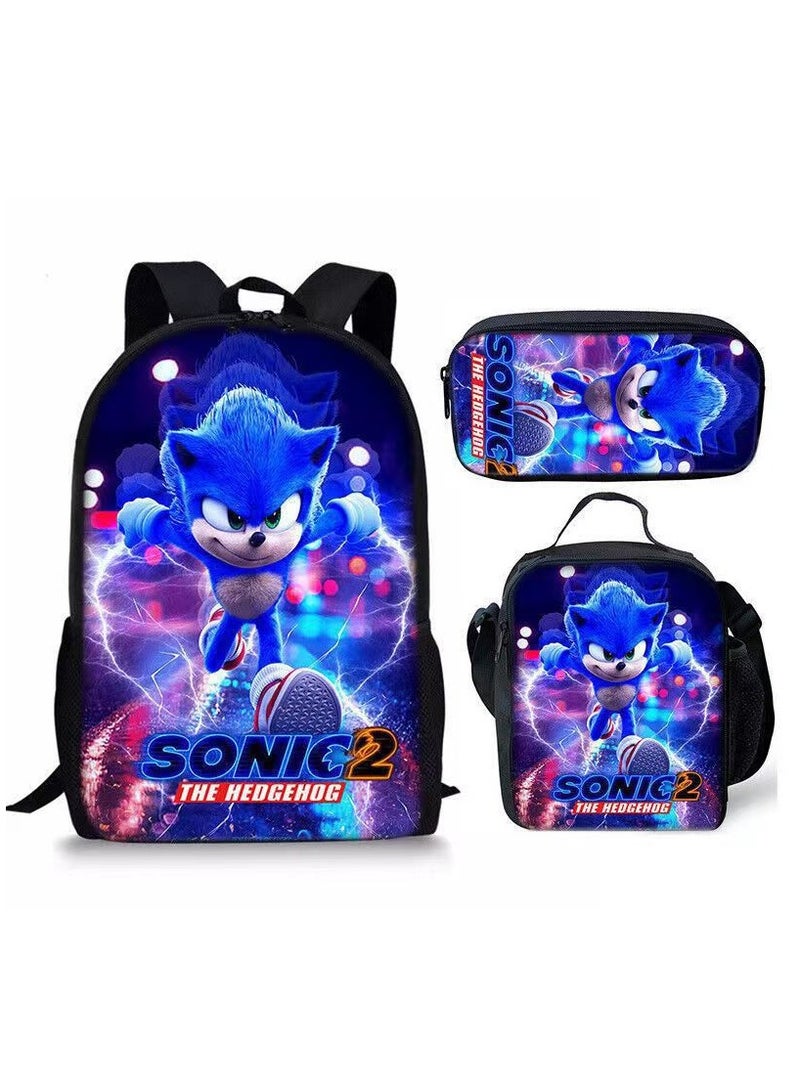 Sonic Primary School Backpack Cartoon Anime Backpack Messenger Bag Pencil Case Three-Piece Set 29*16*42cm