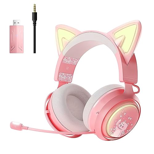 SOMIC Cat Ear Headphones, 2.4G/Bluetooth Wireless Gaming Headset for PS5, PS4, PC with RGB Lights and Retractable Mic, 10Hrs Playtime, 7.1 Surround Sound for Laptop, Smartphone-GS510 Pro - Pink - Image 1