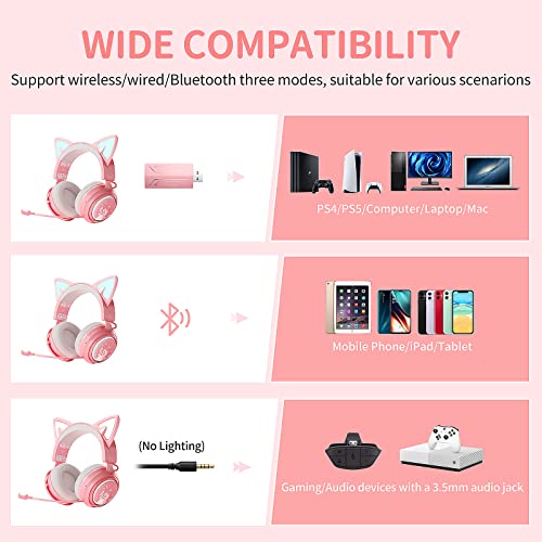 SOMIC Cat Ear Headphones, 2.4G/Bluetooth Wireless Gaming Headset for PS5, PS4, PC with RGB Lights and Retractable Mic, 10Hrs Playtime, 7.1 Surround Sound for Laptop, Smartphone-GS510 Pro - Pink - Image 2