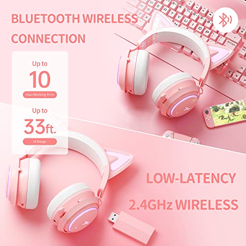 SOMIC Cat Ear Headphones, 2.4G/Bluetooth Wireless Gaming Headset for PS5, PS4, PC with RGB Lights and Retractable Mic, 10Hrs Playtime, 7.1 Surround Sound for Laptop, Smartphone-GS510 Pro - Pink - Image 3