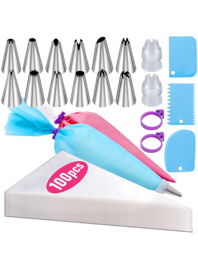 NXT 100Pcs Piping Bags and Tips Set - 12 Inch Disposable Pastry Bags, Reusable Silicone Bag, 12 Stainless Steel Nozzles, Coupler, and Cake Scrapers Decorating Kit - Image 1