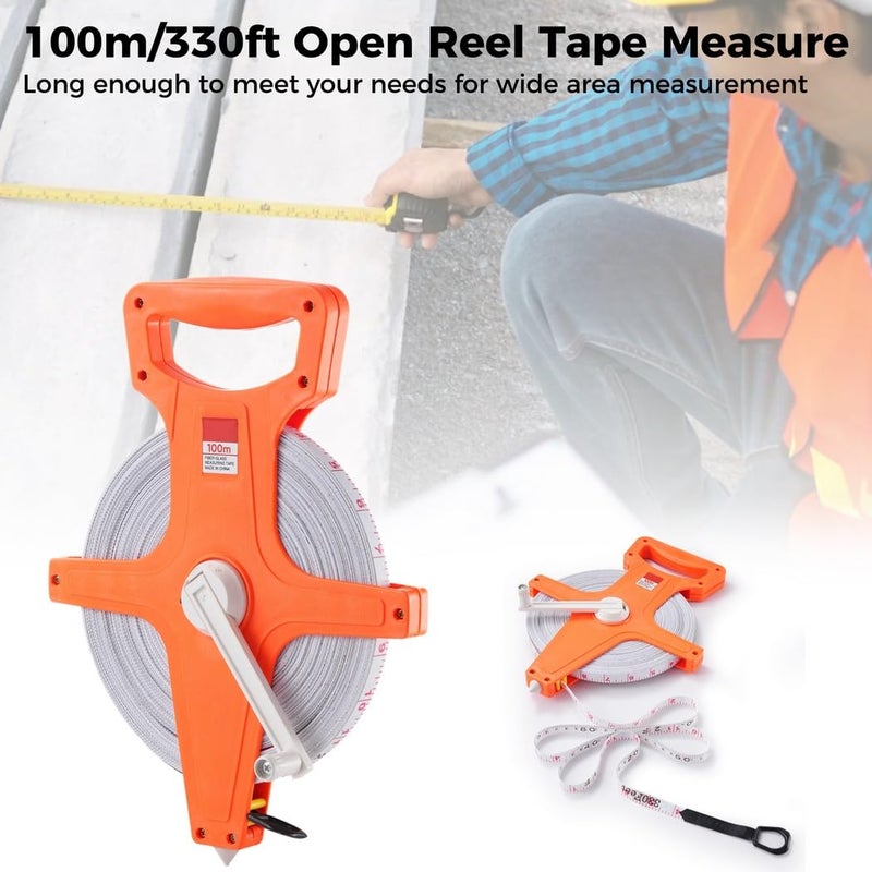 Dual Sided Open Reel Tape Measure 100M 330Ft Long Metric Imperial Yellow - Image 4