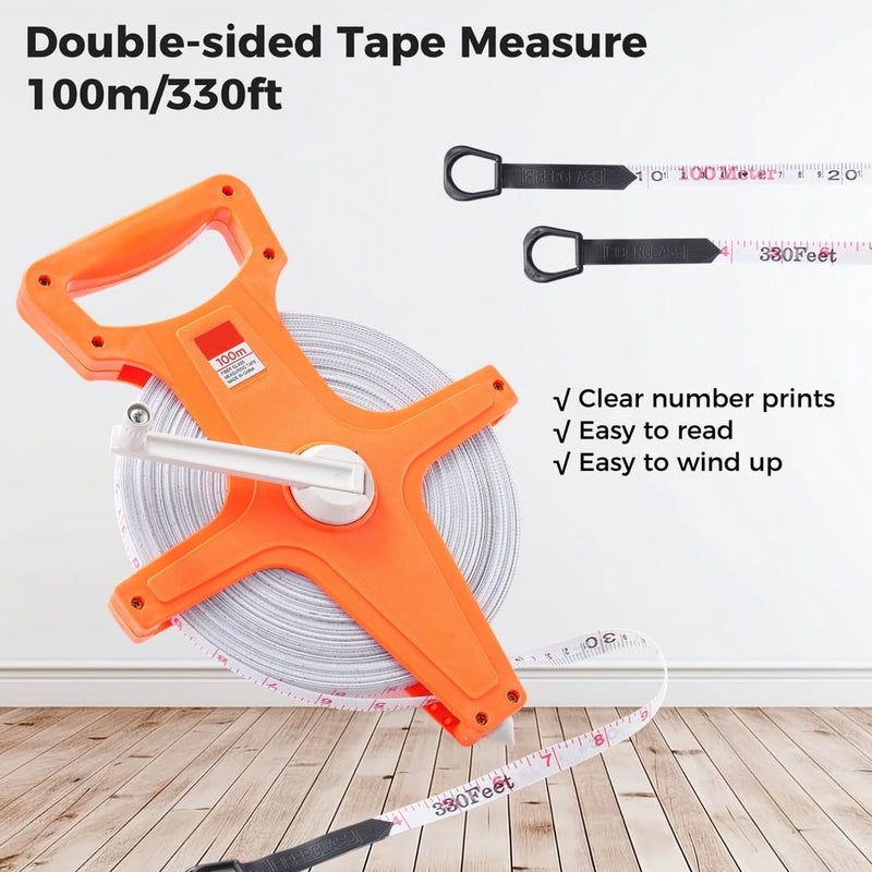 Dual Sided Open Reel Tape Measure 100M 330Ft Long Metric Imperial Yellow - Image 3