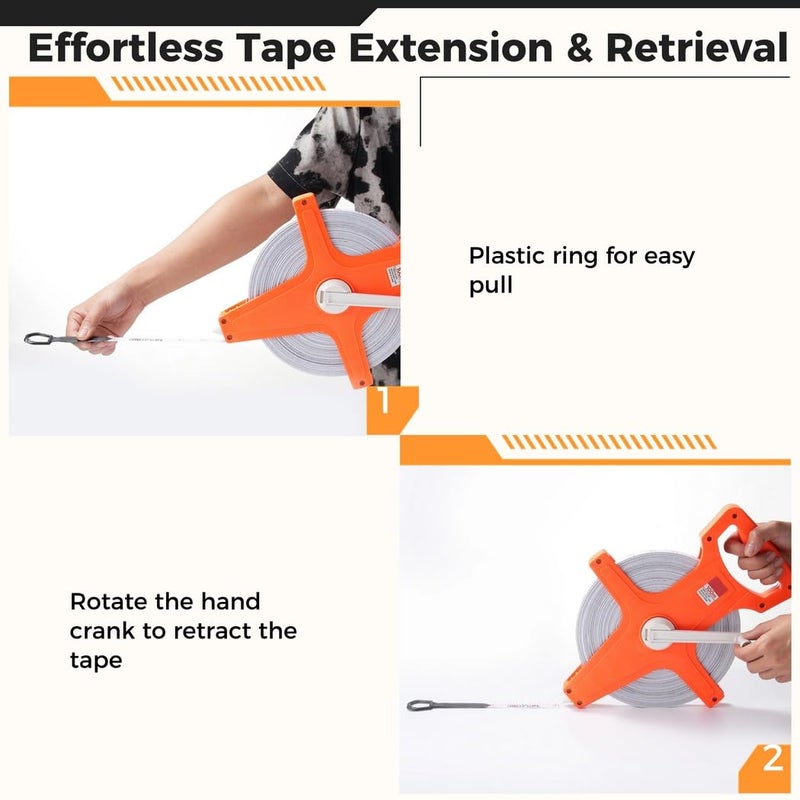 Dual Sided Open Reel Tape Measure 100M 330Ft Long Metric Imperial Yellow - Image 5