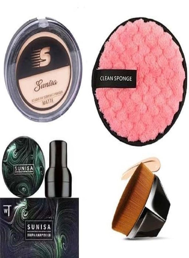 SUNISA BB and CC Cream Foundation With Mushroom Head Air Cushion 20g And Blush Brush for Makeup, Foundation Blusher Brush for Blending Liquid+ Matte Compact Powder +Cleanser Sponge (Multicolor 2) - Image 1