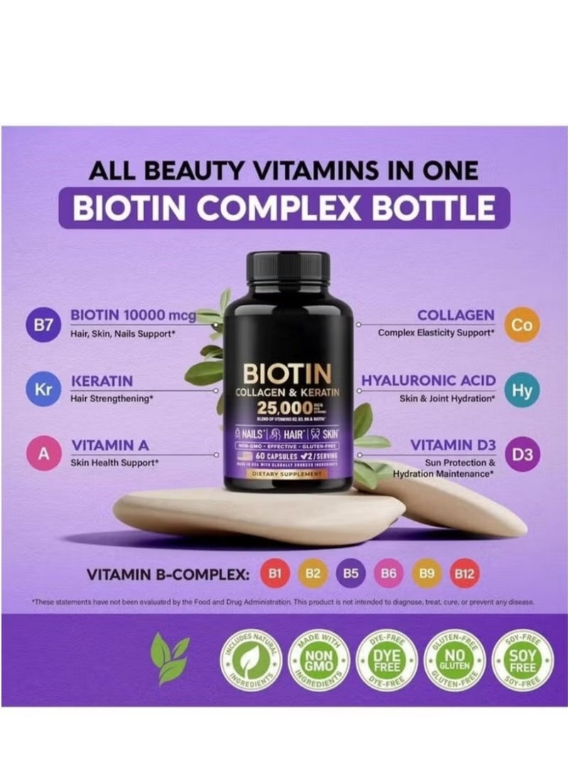 بيوتين البيوتين | الكولاجين | الكيراتين | حمض الهيالورونيك – مكمل دعم نمو الشعر | مجمع الجمال للبشرة والأظافر 25000 ميكروغرام – مع فيتامينات ب1 | ب2 | ب3 | ب6 | ب7 – مصنوع في الولايات المتحدة الأمريكية – للنساء والرجال | 60 كبسولة - Image 4