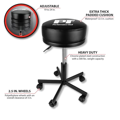 Performance Tool W85033 Extra-Thick Big Top Pneumatic Rolling Shop Stool for Mechanic Garages and Workshops, Black, 19x19x18.5-Inches - Image 2