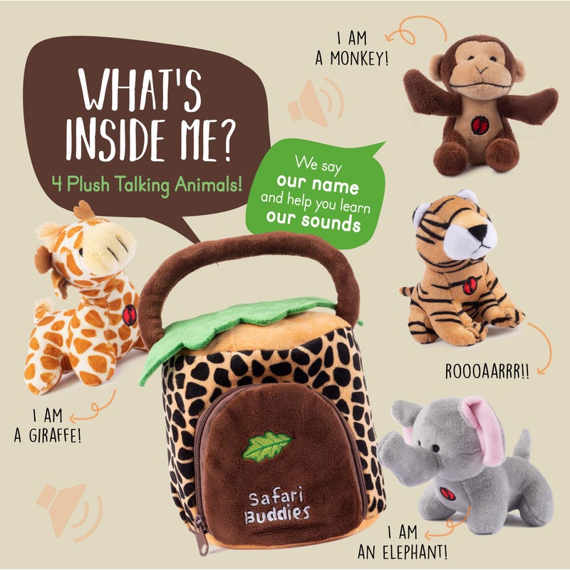 Plush Creations Talking Plush Jungle Animals Set: 4 Soft Safari Toys - Elephant, Monkey, Giraffe, Tiger & Jungle House Carrier - Image 2