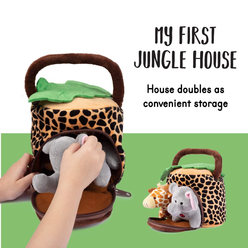 Plush Creations Talking Plush Jungle Animals Set: 4 Soft Safari Toys - Elephant, Monkey, Giraffe, Tiger & Jungle House Carrier - Image 3