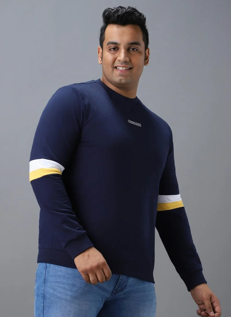 Urbano Plus Men's Blue Cotton Color Block Round Neck Sweatshirt
