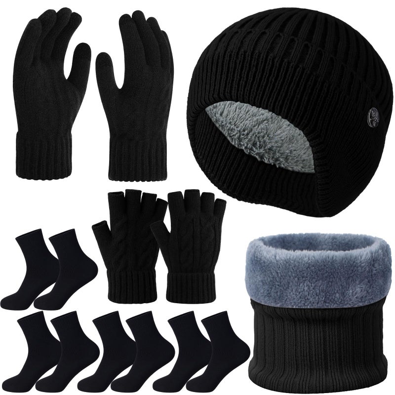 Chicingyou 8 Pcs Winter Warm Beanie Hat Scarf Glove Socks Set for Men Fleece Lining Thermal Knitted Earflap Cap Gift Outdoor(Black Gloves) - Image 1