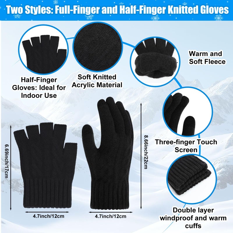Chicingyou 8 Pcs Winter Warm Beanie Hat Scarf Glove Socks Set for Men Fleece Lining Thermal Knitted Earflap Cap Gift Outdoor(Black Gloves) - Image 4
