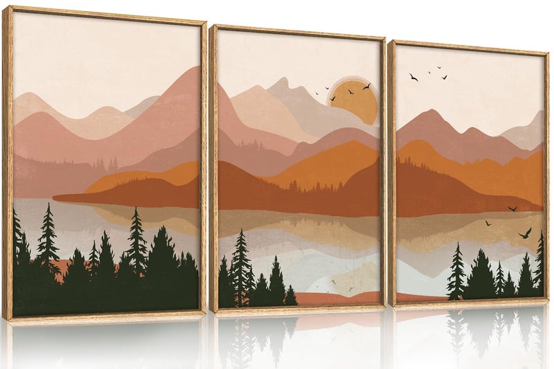 HLNIUC Boho Mountain Burnt Orange Wall Art Framed Mid Century Modern Terracotta Wall Decor 24x36 Southwest Sunset 3 Piece Canvas Painting Large Nature Picture for Living Room Bedroom Office