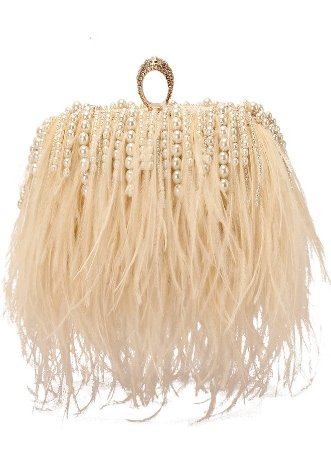 Menurra Women Real Natural Ostrich Feather Evening Bags Purses Clutch Vintage Banquet Handbag (champange with pearl) - Image 1