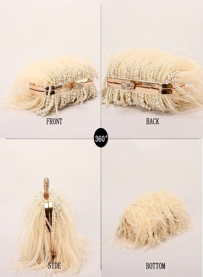 Menurra Women Real Natural Ostrich Feather Evening Bags Purses Clutch Vintage Banquet Handbag (champange with pearl) - Image 4