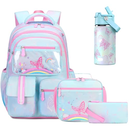 ACESAK Kids School Backpack for Girls, Rainbow Bookbag Backpack with 14OZ Kids Water Bottle, Lunch Bag Set for Girls Kid Teens Middle School Student, Girl Backpacks for Schools (4pcs Water Bottle) - Image 1