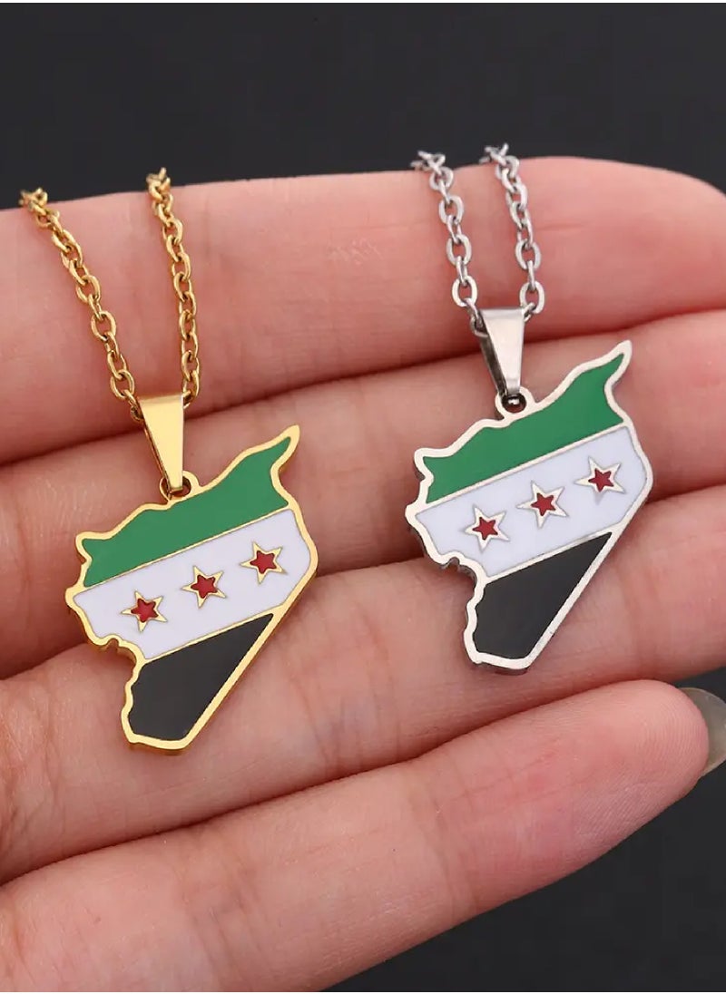 971ميديا قلادة من قطعتين بعلم سوريا الجديد سلسلة فولاذية ذهبية وفضية  - Image 2