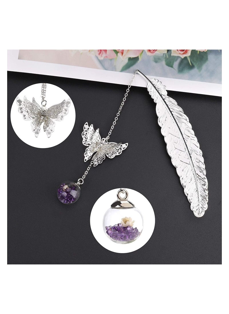 RATSAW - Metal Feather Bookmark with Butterfly and Glass Beads Eternal Elegant Dry Flower Pendant Gift for Adults Children and Students Friends Mother's Day Birthday Silver - Image 1
