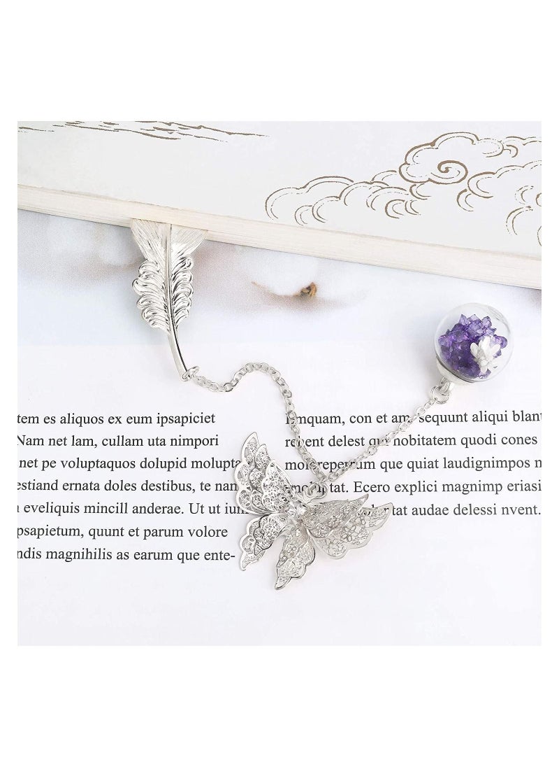 RATSAW - Metal Feather Bookmark with Butterfly and Glass Beads Eternal Elegant Dry Flower Pendant Gift for Adults Children and Students Friends Mother's Day Birthday Silver - Image 1
