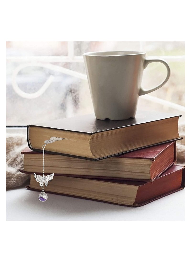 RATSAW - Metal Feather Bookmark with Butterfly and Glass Beads Eternal Elegant Dry Flower Pendant Gift for Adults Children and Students Friends Mother's Day Birthday Silver - Image 1