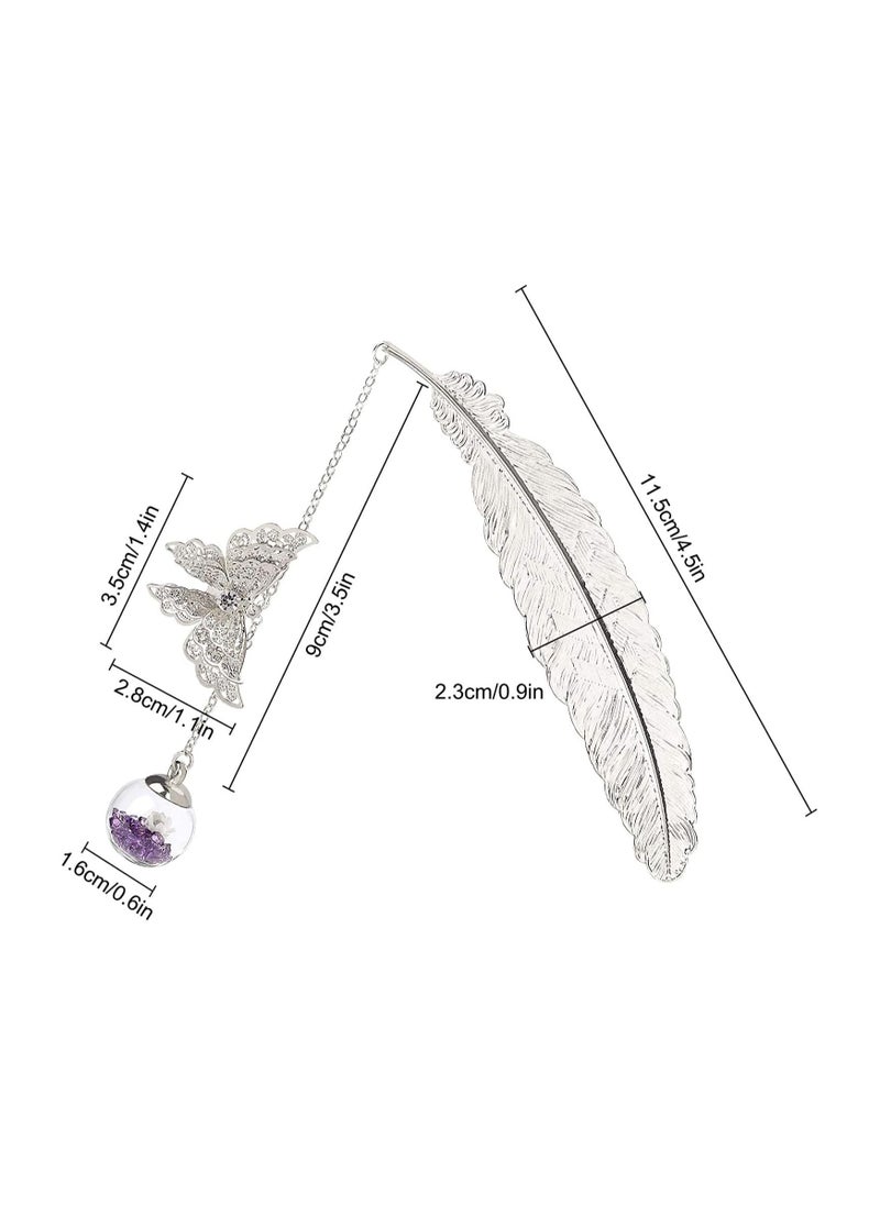 RATSAW - Metal Feather Bookmark with Butterfly and Glass Beads Eternal Elegant Dry Flower Pendant Gift for Adults Children and Students Friends Mother's Day Birthday Silver - Image 1