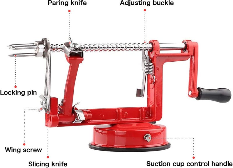 ACOTUM Apple Peeler, Slicer Corer Potato Peelers 3 In 1, Stainless Steel Heavy Duty Suction Cup Base And 7 Extra Blades (Red) - Image 2