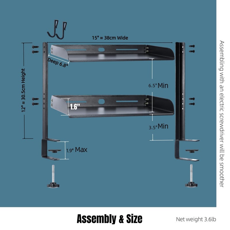 Yuxh Clamp On Desk Shelf 2 Tier Cilp Under Table Organizer, Black-S, 15 inch - Image 2