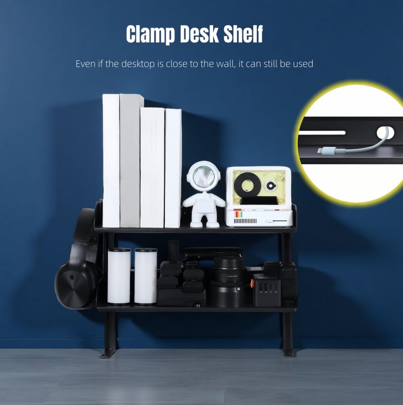 Yuxh Clamp On Desk Shelf 2 Tier Cilp Under Table Organizer, Black-S, 15 inch - Image 4