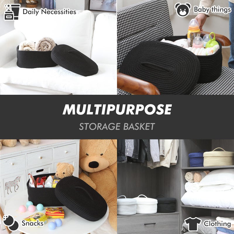 Sea Team Oval Cotton Rope Storage Basket with Lid, Lidded Woven Storage Bin, Nursery Storage Container, Diaper Caddy, Baby Shower Basket, Box, Organizer, 15 x 11 x 6.5 Inches (Medium, Black) - Image 2