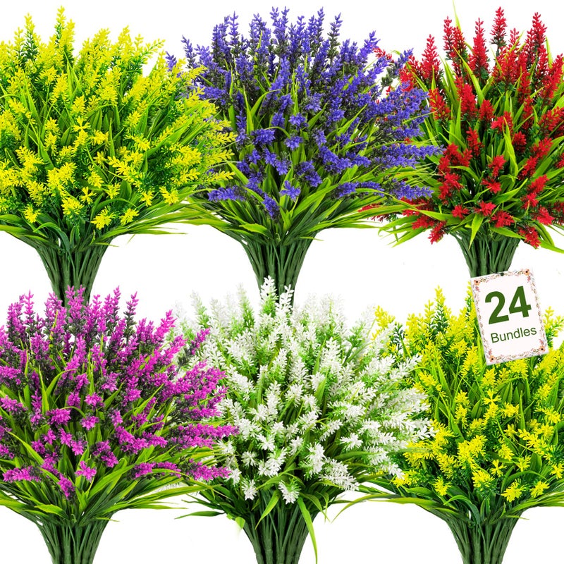 Bassion 24 Bundles Artificial Flowers for Outdoors, Fake Lavender Flowers with Monkey Grass UV Resistant Plastic Faux Plants for Outside Hanging Planter Window Box Garden Patio Front Porch Home Decor - Image 1