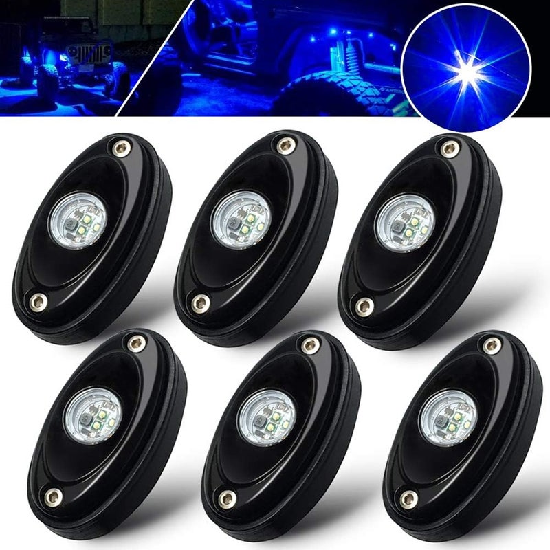 حزمة أضواء LED للصخور، تحتوي على 6 وحدات، لون أزرق، لسيارات الجيب (Jeep)، ومركبات الـ UTV، والـ ATV، والـ SUV، والـ RZR، والسيارات المخصصة للطرق الوعرة، وسيارات الرانجر (Ranger)، وسيارات من طراز Pioneer، والشاحنات، وإضاءة أسفل الهيكل، مقاومة للماء. - Image 1