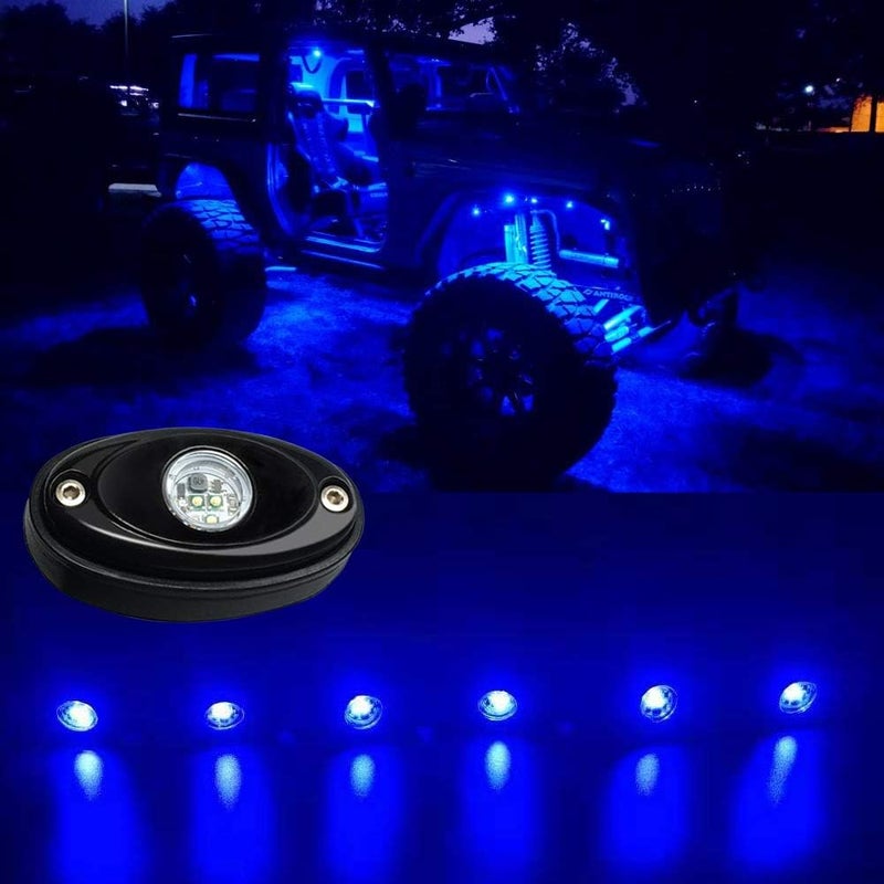 حزمة أضواء LED للصخور، تحتوي على 6 وحدات، لون أزرق، لسيارات الجيب (Jeep)، ومركبات الـ UTV، والـ ATV، والـ SUV، والـ RZR، والسيارات المخصصة للطرق الوعرة، وسيارات الرانجر (Ranger)، وسيارات من طراز Pioneer، والشاحنات، وإضاءة أسفل الهيكل، مقاومة للماء. - Image 5