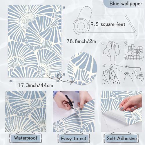 Theper White and Blue Wallpaper Peel and Stick Wallpaper Boho 17.3"×78.8" Modern Wall Paper Removable Self Adhesive Wallpaper for Bedroom Blue Contact Paper for Cabinets Drawers Shelf Home Decor Vinyl Film - Image 3